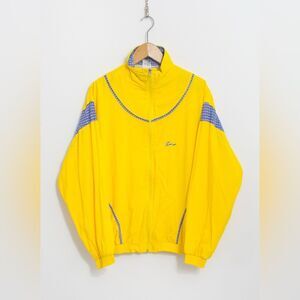 VINTAGE 90s Yellow Zip Track Jacket Windbreaker | Blue+White Checker Accents Y2K